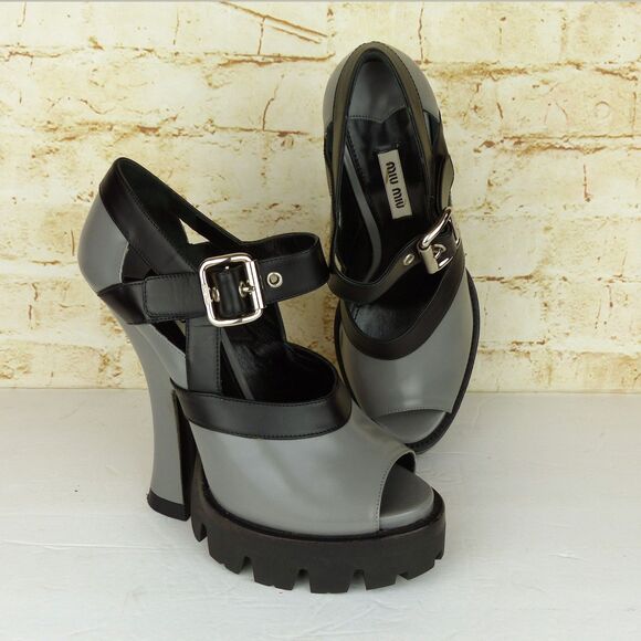 Miu Miu Fall 13 Runway Platform Heels Women 40 Gray Black Patent Mary Jane Shoes - Picture 1 of 15